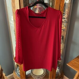 Susan Graver Red V-Neck Blouse with Sheer Dotted Sleeves 1x